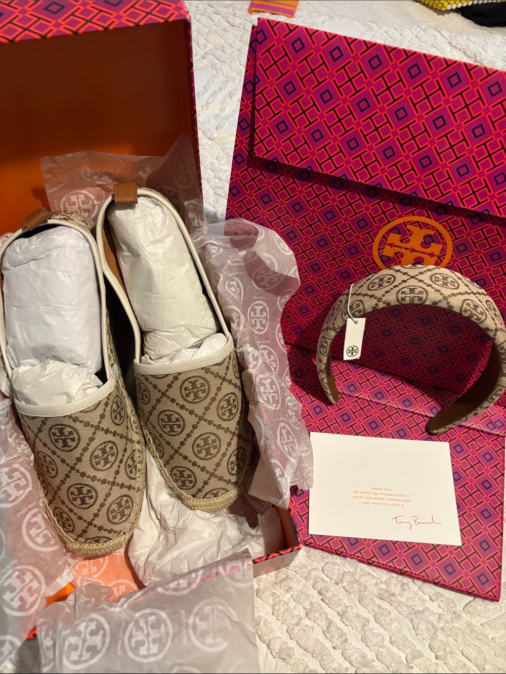 Tory Burch Beige Logo Canvas Espadrilles with Matching Logo Headband
